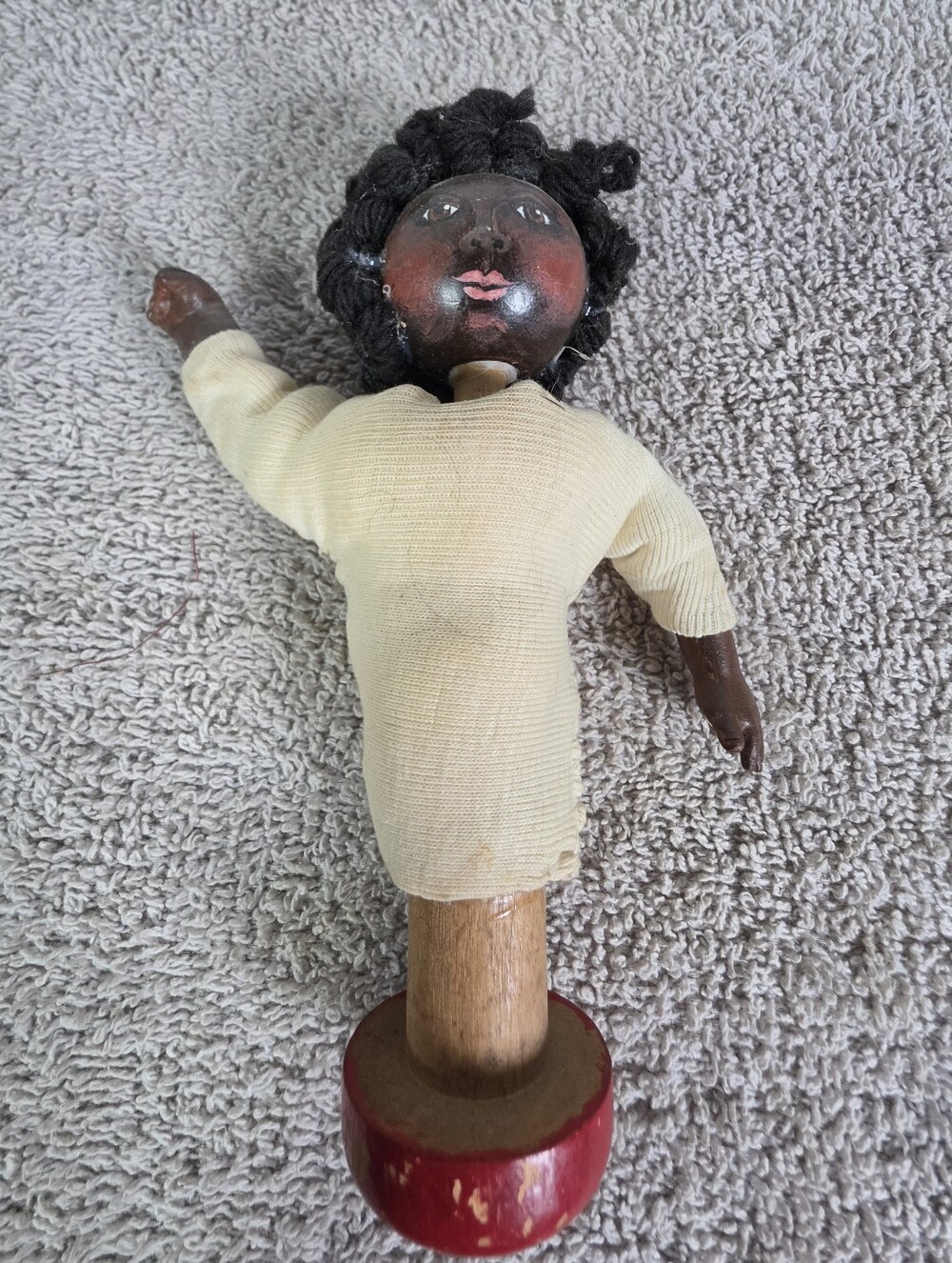 Vintage Handmade  Black Doll on Wooden Stand — Cream Outfit